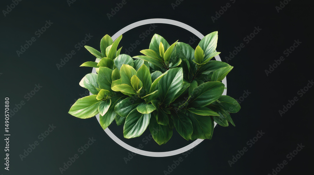 Poster lush green foliage arranged in minimalist composition with circular frame on dark background, creati