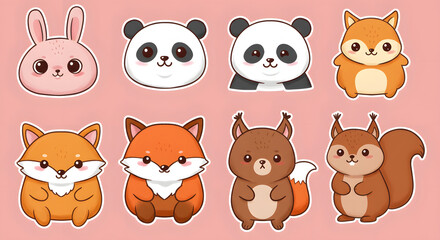 Fototapeta premium Cute Animal Faces Collection: Adorable cartoon animal faces including rabbit, panda, fox, and squirrel, perfect for children's illustrations, stickers, or digital designs.