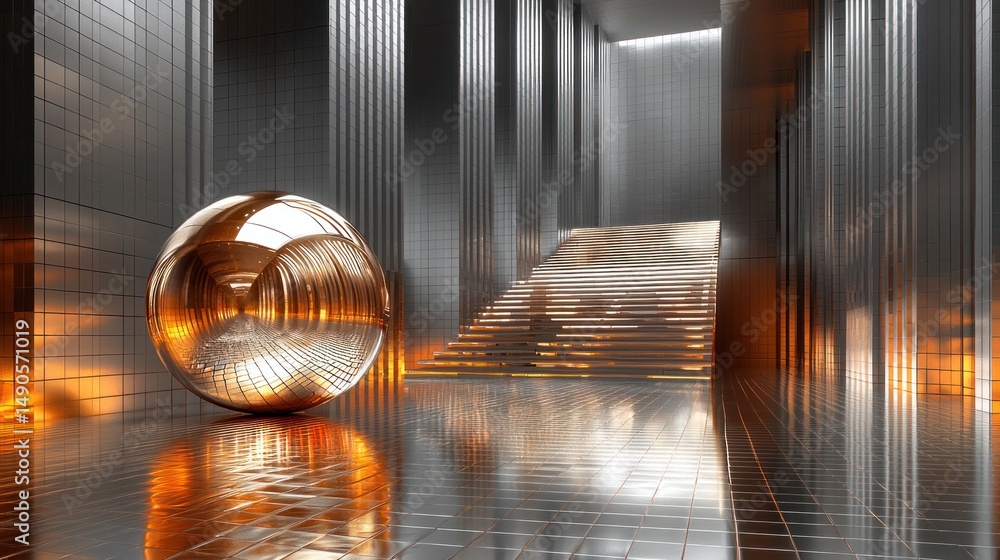 Poster empty modern corridor with metallic columns and warm lighting
