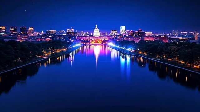 Night View of Washington D.C. Capitol Building and Reflecting Pool