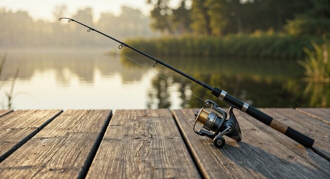Fishing Rod on Dock: A fishing rod with a reel rests on a wooden dock overlooking a tranquil lake, a peaceful scene perfect for anglers and nature enthusiasts.