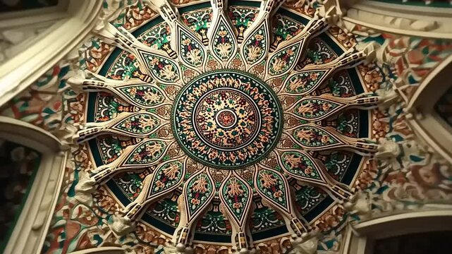 Ornate circular ceiling design featuring intricate floral patterns and vibrant colors in a historic building