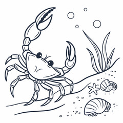 Adorable cartoon crab ocean scene coloring page