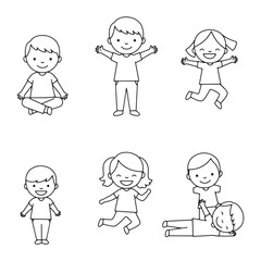 Colorful cartoon kids artwork featuring smiling faces in active playful gestures