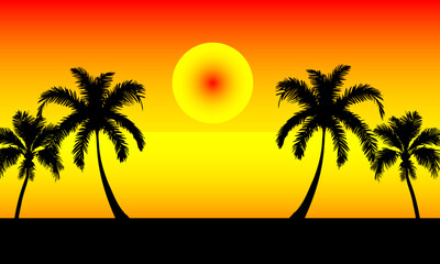 Natural Landscape View in the afternoon Sunset at sea and Silhouette of Coconut Trees