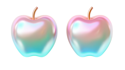 Colorful iridescent apple with shiny surface and brown stem two apples side by side vibrant and glossy modern digital art
