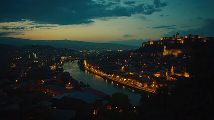 Obraz premium Nightfall over Tbilisi: A Panoramic View of Georgia's Capital