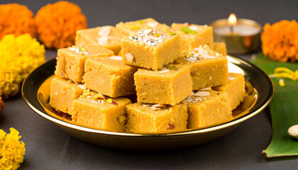 Traditional Indian Sweet Mysore Pak Garnished with Sliced Almonds and Pistachios, Served on Brass Plate, Popular Festival Dessert Known for Its Rich Ghee Flavor and Crumbly Texture. Indian sweets