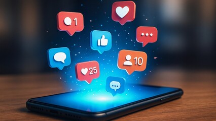 Social media icons such as likes, comments, and followers are floating above a smartphone placed on a wooden table, representing online engagement and digital communication