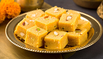 Traditional Indian Sweet Mysore Pak Garnished with Sliced Almonds and Pistachios, Served on Brass Plate, Popular Festival Dessert Known for Its Rich Ghee Flavor and Crumbly Texture. Indian sweets
