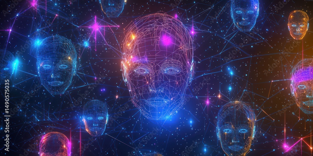Sticker emotive neon interface with floating faces in deep space