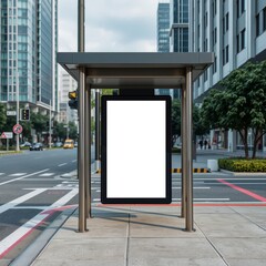 Blank vertical advertising poster banner mockup at bus stop shelter by main road at city centre; out-of-home ooh billboard media display space clarke quay area billboard blank mockup display empty pos