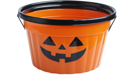 Orange Halloween bucket with black jack o lantern face, perfect for trick or treating fun