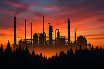 Industrial Silhouette Against Vibrant Sunset with Fog and Trees
