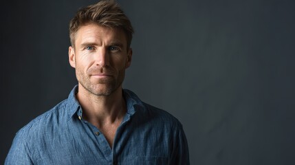 Fototapeta premium Handsome man in blue shirt looking at camera against grey wall with text space, featuring facial hair or clean-shaven face in professional attire.