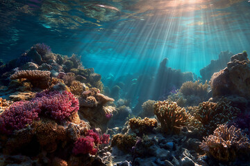 Fototapeta premium Vibrant Coral Reef Undersea Scene with Sunlight Rays