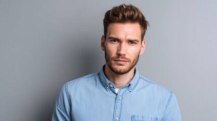 Obraz premium Handsome man in blue shirt looking at camera against grey wall with text space, featuring facial hair or clean-shaven face in professional attire.