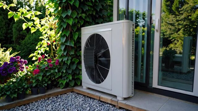 Energyefficient heat pump unit in lush garden environment on a sunny day