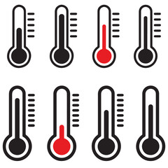 Thermometer Icons Set Different Temperatures, Black Line Thermometers Icons Set, Variations of Thermometer Icons Black and White