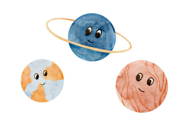 Watercolor set of cartoon characters, hand drawn space theme, planets on a white background. Earth, Saturn, Jupiter. © Lena