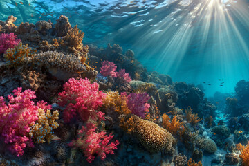 Fototapeta premium Vibrant Coral Reef Undersea Scene with Sunlight Rays