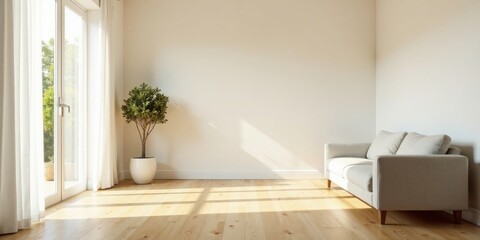 Fototapeta premium Sunlight streams through sheer curtains illuminating a minimalist living room with a light beige sofa and potted plant