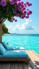 Obraz premium Tranquil tropical beachside retreat with blossoming tree and turquoise ocean.