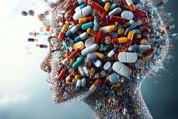 Drug addiction and brain function with the use of alcohol prescription drugs as a psychiatric or psychiatry concept of the effects on mental health with recreational or medication