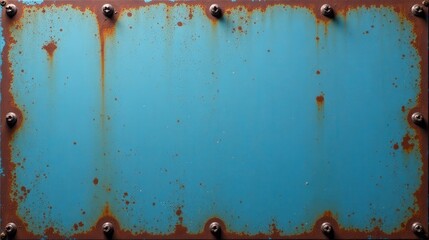 Rustic Blue Metal Panel with Rust and Fasteners A Weathered Industrial Texture
