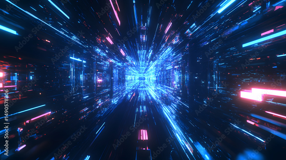 Poster a vibrant digital tunnel filled with bright blue and pink lights, creating a sense of speed and dept