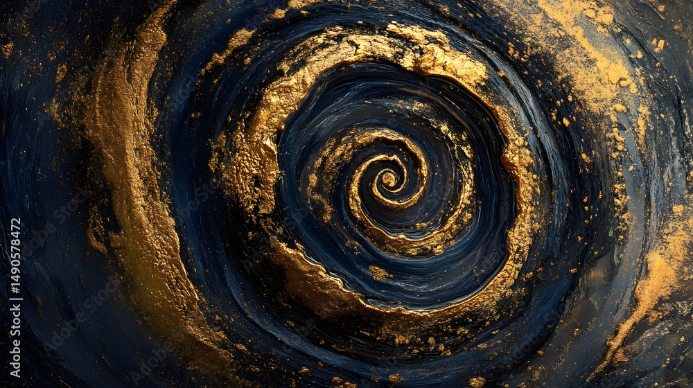 Poster a mesmerizing spiral of deep blue and shimmering gold, creating a sense of infinite motion and cosmi