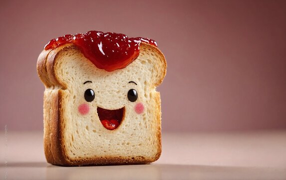 cheeky toast character with a smile covered in bright red jam on the kitchen counter, quirky mood, exaggerated expressions and funny details


