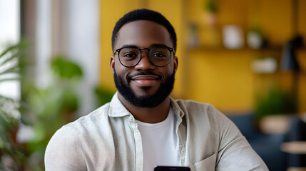 Obraz premium Confident young Black man with glasses smiling warmly while using his smartphone in a modern, stylish room.