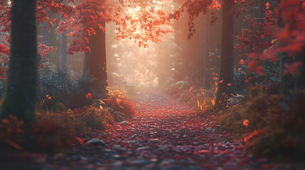 A serene forest path adorned with vibrant red leaves, illuminated by soft golden light streaming through the trees.