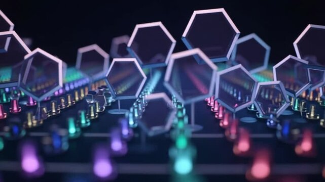 Abstract transparent silhouettes of hexagons flowing in front of colorful rows of geometric figures. Animation. Visualization of circuit board, seamless loop.
