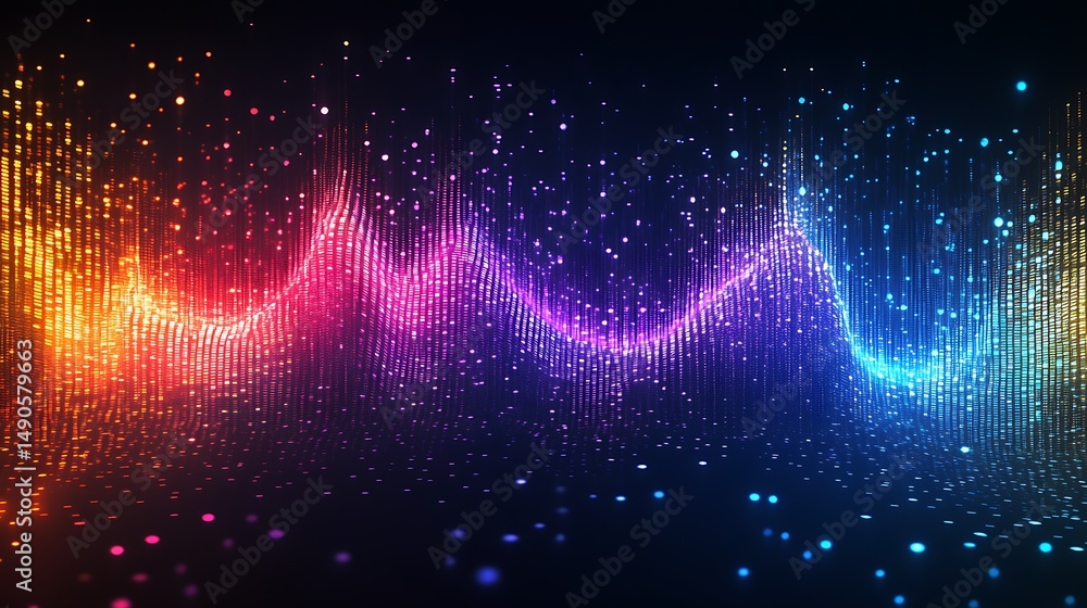 Poster radiant abstract spectrum: vibrant data waveform visualization on dark backdrop
