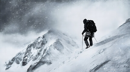 A lone male climber treks through a snowy landscape, battling harsh weather conditions in the mountains.