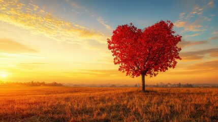 solitary heart-shaped tree with vibrant red leaves, standing tall against the rich golden sky of the autumn sunset.