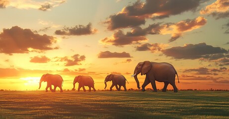 Fototapeta premium Photograph of an African elephant family walking across the savannah at sunset, in portrait orientation. 