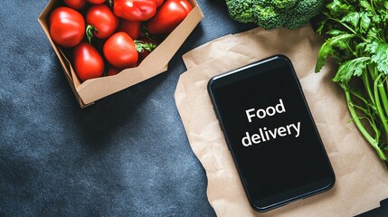 Food delivery action mobile phone displaying food delivery text kitchen counter with fresh ingredients indoor setting close-up shot culinary convenience