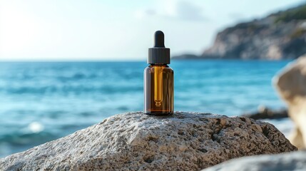 sleek bottle of beauty serum resting on a weathered stone by the beach, with the ocean breeze and endless horizon creating a peaceful, natural feel.