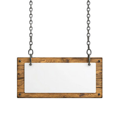 Blank wooden signboard hanging on chains against a white background for custom signage, branding, or advertising use