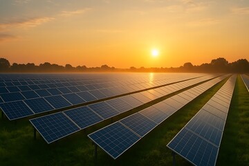 Vast Solar Panel Field at Sunrise with Colorful Sky and Horizon