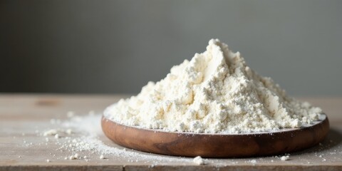 A mound of fine white flour sits on a rustic wooden surface, ready for baking