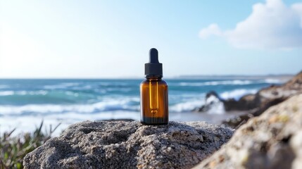 sleek bottle of beauty serum resting on a weathered stone by the beach, with the ocean breeze and endless horizon creating a peaceful, natural feel.