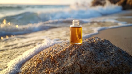 sleek bottle of skincare oil sitting on a large rock at the beach, with the gentle waves and soft golden sand creating a calming atmosphere.