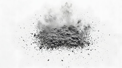 A dynamic explosion of fine gray powder against a white backdrop, showcasing texture and movement.