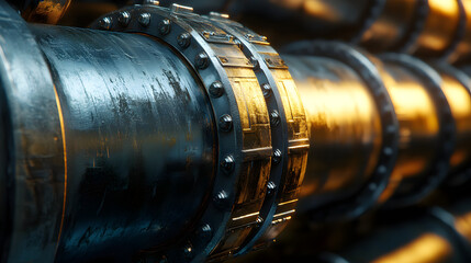 Close-up of metallic pipes with bolts reflecting warm light, showcasing industrial design.