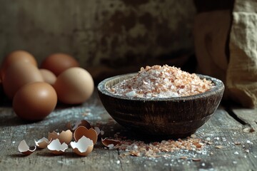 Rustic wooden bowl filled with desiccated coconut and sugar, sits on a wooden surface near eggshells and brown eggs, creating a baking scene with a vintage aesthetic