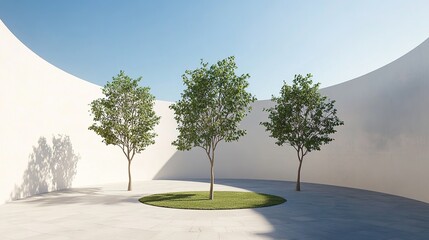 Elegant Circular Courtyard with Three Carpeted Trees: Minimalist 3D Rendered Car Advertisement Background. Ancient Meets Modern in High-Resolution 2K Digital Art. Clean Lines and Desaturated Colors un